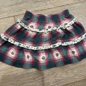 Girls Plaid Tiered Skirt with Floral Trim - Red & Green